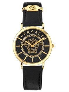 Versace V Essential - watch - Gold / Black - VEK400421 36 mm - IP Yellow Gold - Black Semi Matte - Black Leather Strap - Ardillon - Quartz Designer Black Watches With Subdials, Designer Black Analog Watches, Luxury Black Watch For Formal Occasions, Luxury Black Watches, Luxury Black Formal Watches, Designer Black Watch With Metal Dial, Designer Black Watch With Skeleton Dial, Designer Black Watch With Analog Display, Luxury Black Watch With Analog Display