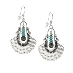 These beautiful rustic silver earrings will quickly become your favorites!  They are made from silver plated alloy and feature a pretty hammered design.  Pretty turquoise beads are suspended in the center. They are very comfortable to wear and will compliment any outfit.  They are finished with quality .925 sterling silver earwires.  Stoppers are included for secure wear.  The total length from the top of the earwire is 2 1/8 inches long.  Please view the model shot for size reference on an adult.  I also sell these earrings without the center beads for a simpler look. I offer a wide variety of high quality artisan necklaces, earrings, jewelry sets, pendants and bracelets at fair prices.  All my items make perfect gifts because the recipient will think you spent much more than you did!   T Bohemian Turquoise Beaded Nickel-free Earrings, Turquoise Nickel-free Southwestern Teardrop Earrings, Artisan Nickel-free Turquoise Earrings, Artsy Turquoise Nickel-free Earrings, Bohemian Turquoise Hand-tooled Earrings, Artisan Necklace, Grand Haven, Turquoise Boho, Turquoise Earrings