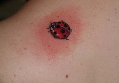 a ladybug tattoo on the back of a woman's shoulder and chest