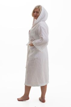 "Product details: Material: 100% Linen Style: AnSanLinen Color: White Handmade. DETAILS: Linen Robe size on pictures Size L in (cm) : White long linen robe with hood and pockets, kimono sleeves, adjustable and tie. On the left side embroidery, The color of the embroidery can be changed. Robe length from shoulder 48'' (120cm). Bottom width of 52'' (130cm).,shoulder length 7.6\" (19cm)., sleeve length 17.6\" (44cm)., sleeve width 21.6'' (54cm)., pocket 8x8.4'' (20x21cm). Tied with a belt. Emboider Mens Linen Outfits, Robe With Hood, Linen Bathrobe, Robe Wedding, Linen Kimono, Linen Robe, Hooded Robe, Comfortable Home, Wedding Robe