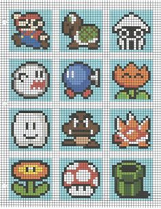 cross stitch pattern with different types of mario and luigi's faces on it, including mushrooms