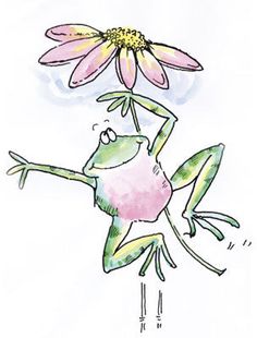 a drawing of a frog holding onto a flower