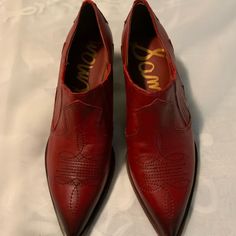 New Never Worn Outside Of Trying On, But I Am Cleaning Out The Closet. Very Nice Red With That Burnished Pointed Toe And Western Flare. Western Booties, The Closet, Sam Edelman Shoes, Sam Edelman, Bootie, Bootie Boots, Cowboy, Ankle Boots, Size 6