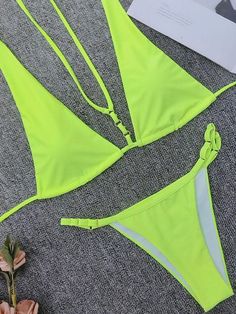 Sku CY-!26885 Material Polyester , Spandex Style Bralette , Padded Feature Thong , Neon , Plain Occasion Beach , Hot Springs , Swimming Pool Type Bikini Swimsuit Color FLUORESCENT GREEN Size S,M,L Size chart: Please consult the size chart we provide for this item's measurements to help you decide which size to buy. Please note: There may be 1-3cm differ due to manual measurement. CMINCH Cm Cup Bust Waist Hips S A-B 74-80 68-72 78-85 M B-C 78-85 72-76 85-91 L C-D 82-90 76-80 91-97 Backless Green Swimwear For Beach, Green Backless Swimwear For The Beach, Green Backless Swimwear For Beach, Green T-back Swimwear For Beach, Green Stretch T-back Swimwear, Green Backless Swimwear For Pool, Green Halter Neck Swimwear For Sunbathing, Green String Swimwear For Summer, Green Backless Swimwear For Summer