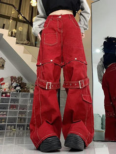 Top-stitching Buckle Design Removable Wide Leg Pants - AnotherChill Red Cargo Pants, Korean Jeans, Street Punk, Baby Tees Y2k, Womens Wide Leg Pants, Punk Vintage, High Street Fashion, Red Jeans, Retro Mode