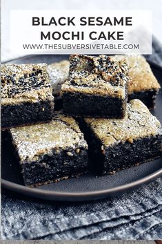 black sesame munch cake on a plate with text overlay that reads, the subversive table