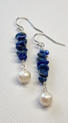 Lapis Lazuli Freshwater Pearl Sterling Silver Earrings Navy | Etsy Simple Bead Earrings, Sundance Style Jewelry, Making Jewelry For Beginners, Sundance Style, Boho Chic Earrings, Beaded Earrings Diy, Natural Stone Earrings, Boho Cottage, Silver Jewelry Design