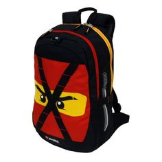 a red and black backpack with yellow eyes