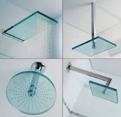 four different views of a shower head and hand shower