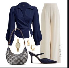 Navy Blouse Outfit, Navy And Cream Outfit, Effortless Fall Fashion, Cream Outfit, Navy Heels, Classy Summer Outfits, Cream Trousers, Bts Inspired Outfits, Korean Casual Outfits