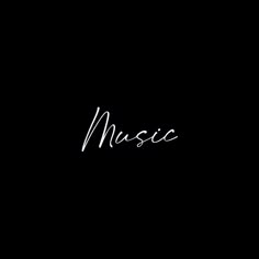 the word music written in white on a black background