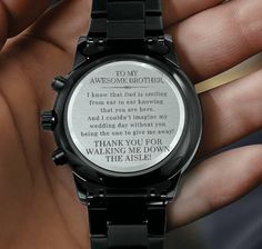 A thoughtful gift that can withstand constant use, this Engraved Design Black Chronograph Watch is the perfect gift to commemorate your special day.  ⭐⭐ Make sure to check out "Walk Me Down the Aisle" section for more messages to Brother, Dad, Bonus Dad, Son & More! ⭐ ⭐ https://www.etsy.com/shop/StuffGinaSays?ref=seller-platform-mcnav&section_id=35242664 Or create a custom engravement! https://www.etsy.com/listing/1163106985/custom-engraved-watch-brother-of-the It's a versatile piece sure to war Brother Of The Bride, Engraved Watch, Watch Engraving, Engraved Design, Dad Son, Gift For Brother, Bride Gift, Wristwatch Men, Wrist Watches