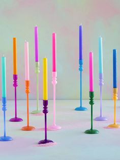 rainbow taper candles displayed in holders Glitterville Studios, Rainbow Candles, Colored Taper Candles, Taper Holders, Taper Candle Holder, Candle Box, Taper Candle Holders, Boxed Set, Gorgeous Glass