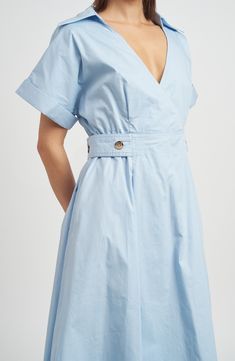 Belted sides shape this charming poplin midi designed with a polished, wide-set collar. 44 1/2" length (size Medium) Spread collar Surplice V-neck Short sleeves Side waist button tabs Partially lined 100% cotton Hand wash, line dry Imported Cotton V-neck Midi Dress With Button Closure, Blue Cotton Midi Dress For Formal Occasions, Formal Blue Cotton Midi Dress, Formal Cotton V-neck Midi Dress, Formal V-neck Cotton Midi Dress, Home Dress, Sleeve Detail, Neck Collar, Nordstrom Dresses