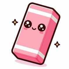 a cute pink eraser with eyes and stars around it's edges, on a white background