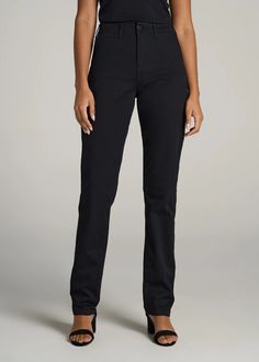 Model is 6' wearing size 6 Tall - Tall Inseam: 35" - Extra Tall Inseam: 37" - High rise - Straight leg - Full length - Zip fly with button closure - Front slant pockets with right coin pocket - Back welt pockets Pants For Tall Women, Black Chino Pants, Tapered Chinos, Womens Chinos, Black Chinos, Tall People, Tall Pants, Elevated Style, Chino Jeans