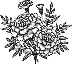 a bouquet of flowers with leaves and buds on a white background, hand drawn illustration