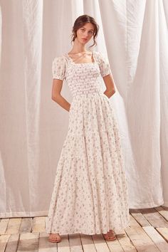 Elegant Style Inspiration, Modest White Dress, Embroidery Maxi Dress, Dot Embroidery, Modest Maxi Dress, White Floral Maxi Dress, Modest Maxi, Ruffles Fashion, Dreamy Dress