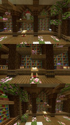 the interior of a library with many bookshelves and flowers on them in minecraft