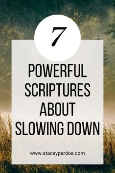 a field with the words 7 powerful scripturess about slowing down on top of it