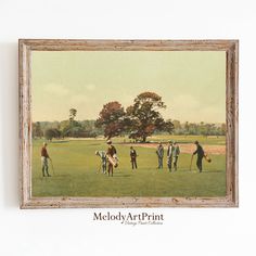 a painting of people playing golf on a green field with trees in the back ground