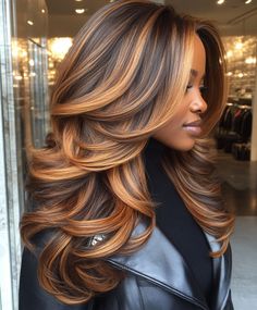 Lovely Warm Brown Layered Curls Fall Hair Colors Dark Skin Brown Blonde And Chocolate Highlights, Human Hair Wigs For Black Women, Hair Highlights For Brown Skin, Hair Colors On Dark Skin, Curled Hair Ideas, Fall Hair Colors Dark, Hair Colors Dark, Quick Weave Styles