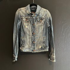 Distressed Denim Jacket, Excellent Condition, Never Worn But Do Not Have The Tags, Size Med Fitted Distressed Cotton Outerwear, Distressed Fitted Outerwear For Spring, Distressed Fitted Button-up Outerwear, Fitted Button-up Distressed Outerwear, Fitted Distressed Button-up Outerwear, Casual Distressed Fitted Outerwear, Fitted Distressed Denim Blue Outerwear, Fitted Distressed Dark Wash Outerwear, Fitted Distressed Denim Jacket For Fall