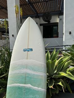 a white surfboard sitting on top of a lush green plant next to a building