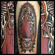 three different pictures of tattoos on the arm and leg, one with an image of virgin mary