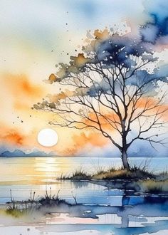 a watercolor painting of a tree in the sunset