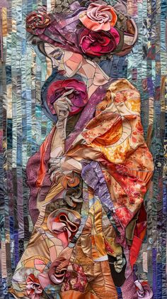 an art piece with many different colors and patterns on it's fabric, including flowers