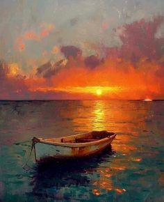 a painting of a boat in the ocean at sunset