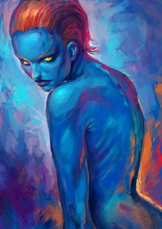 a painting of a blue man with red hair