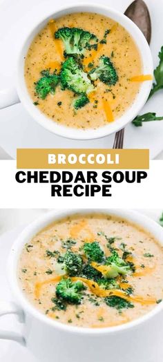 broccoli cheddar soup recipe in a white bowl