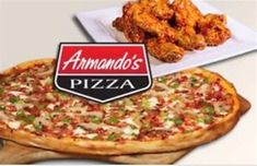 an image of a pizza with chicken wings on it and the words amano's pizza