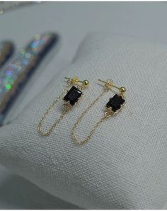 Choose your own gemstone! Green emerald and black agate onyx rectangle shaped gemstone, double layer 14K gold filled ear chain link stud earrings. Delicate elegance, dangling chain and eye catching gemstone looks stunning and feminine, perfect dainty daily earrings. We use the finest 14K gold filled, 5% pure gold, colors and shine last beautifully for many years! 💎 Features: ♥ Material: Finest 14K Gold Filled ♥ Main stone: Green/Black gemstone ♥ Screw back Closure 💎 Details: ♥ Approximate Measurements: - Length: 1.5 inches - Width: 0.4 inches ♥ Lightweight, easy to wear ♥ Nickel/Lead Free, Hypoallergenic 💎 Packing & Shipping: ♥ All our jewelry will be shipped with beautiful gift wrap packaging ♥ Handwrite gift notes/cards available upon request ♥ SAME DAY & FREE US Domestic Shipping ava Elegant Black Rectangular Earrings, Elegant Black Earrings With Adjustable Chain, Black Rectangular Earrings For Gift, Formal Black Rectangular Earrings, Rectangular Black Earrings For Gifts, Black Rectangular Earrings For Formal Occasions, Black Gold-plated Earrings For Gift, Black Earrings With Adjustable Chain As Gift, Black Earrings With Adjustable Chain For Gift