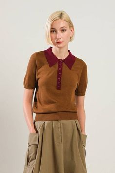 Lightweight, short sleeve, button-down, knit polo sweater top. Available in black/white & brown/burgundy. 6% Wool, 20% Nylon, 20% Acrylic, 54% Polyester US Size (Bust - Waist - Hips) Small 2-4 (34 - 26 -36) Medium 6 (36 - 28 -38) Large 8-10 (38 - 30 -40) Knit Polo Sweater, Androgynous Style, Outerwear Trends, Color Ways, Flying Tomato, Polo Top, Knit Polo, Lightweight Sweater, Sweater Knit