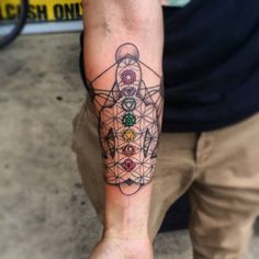 a man with a tattoo on his arm has a geometrical design in the middle