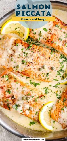 salmon with creamy and tangerine sauce in a pan