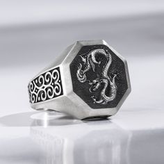 "This Chinese Dragon Vintage Signet Ring in Silver is an authentic handcrafted piece of jewelry. This minimalist mens signet ring is perfect for understated elegance. Our Dragon Signet Ring is made with a beautiful chinese dragon engraving on the face of the ring. This design is inspired by Chinese mythology, including the traditional \"Dragon Power\", strength and wisdom. Dragon Signet Ring - Dragon Jewelry. The dragon was the protector of royalty in China, but it was also believed that dragons Dragon Engraving, Asian Warrior, Class Jewelry, Traditional Dragon, Fantasy Ring, Birthday Presents For Him, Vintage Dragon, Chinese Mythology, Ancient Mythology