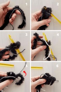 instructions to make a spider - like headband with yarn and pom poms