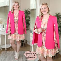 Serious Business Cape Blazer in Fuchsia open sleeves cover hot pink business casual wear Pink Cape Blazer, Pink Cape, Cape Blazer, Giddy Up Glamour, Free Flowing, Last Chance, Front Open, Kimono Top, Hot Pink