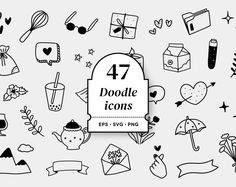 black and white doodle icons on a light gray background with the words 47 doodle icons