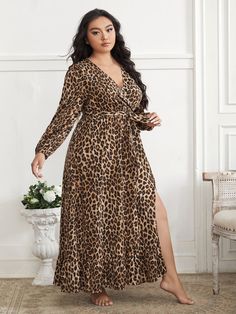 Multicolor Elegant  Long Sleeve Polyester Leopard A Line Embellished Non-Stretch Spring/Fall Plus Size Dresses Thigh Belt, Animal Print Maxi Dresses, Curvy Women Jeans, Leopard Print Dress, Plus Size Maxi Dresses, Tube Dress, Lantern Sleeve, Plus Dresses, African Fashion Dresses