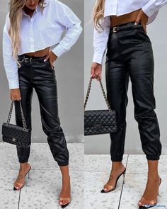 OrcaJump - Premium PU Leather High Waist Tapered Pants with Cuffed Hem Leather Trousers Women, Trouser Outfit, Fashion Bottoms, Black Leather Pants, Elegante Casual, Cuffed Pants, Casual Black, Black Bottoms, High Waisted Pants