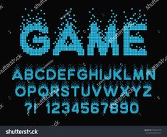 pixel font and numbers in the style of pixels on a black background with blue dots