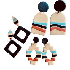 three pairs of earrings with different shapes and colors on the same earring, one in black, one in beige, one in blue