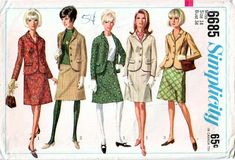 "SIMPLICITY 6685: Use this mid-1960s vintage sewing pattern for misses to sew a crisp suit of tailored jacket or blazer and A-line skirt. This is a pattern from Simplicity's \"How-to-Sew\" series. SIZE INFORMATION: Choose from the following single-size patterns: Misses Size 10 Bust 31 inches Waist 24 inches Hip 33 inches PATTERN CONDITION: COMPLETE, USED (includes instructions and all pattern pieces, which are cut and in very good to excellent used condition; includes the lesson chart \"how to c Retro Fitted Skirt Suit, Retro Long Sleeve Skirt Suit For Tailoring, Retro Tailored Long Sleeve Skirt Suit, Retro Long Sleeve Tailored Skirt Suit, Retro Long Sleeve Skirt Suit For Work, Retro Fitted Long Sleeve Skirt Suit, Sewing Skirts Women, 1960s Skirt, Trendy Sewing Projects