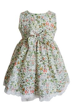 Summery blooms and butterflies cover a sleeveless cotton dress for baby that's cinched with a neat bow and edged with sweet lace at the hem. Cotton lining 100% cotton Hand wash, dry flat Imported Summer Cotton Dresses With Bow Print, Cotton Summer Dresses With Bow Print, Summer Cotton Dress With Bow Print, Cotton Sleeveless Ruffled Dress For Garden Party, Cotton Sleeveless Dress With Ruffles For Garden Party, White Sleeveless Dress With Bow Print, Spring Cotton Sleeveless Dress With Lace Trim, Spring Garden Party Dresses With Bow, White Floral Print Sleeveless Cotton Dress