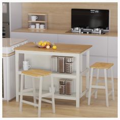 a kitchen island with two stools in front of it and an open shelf on the other side